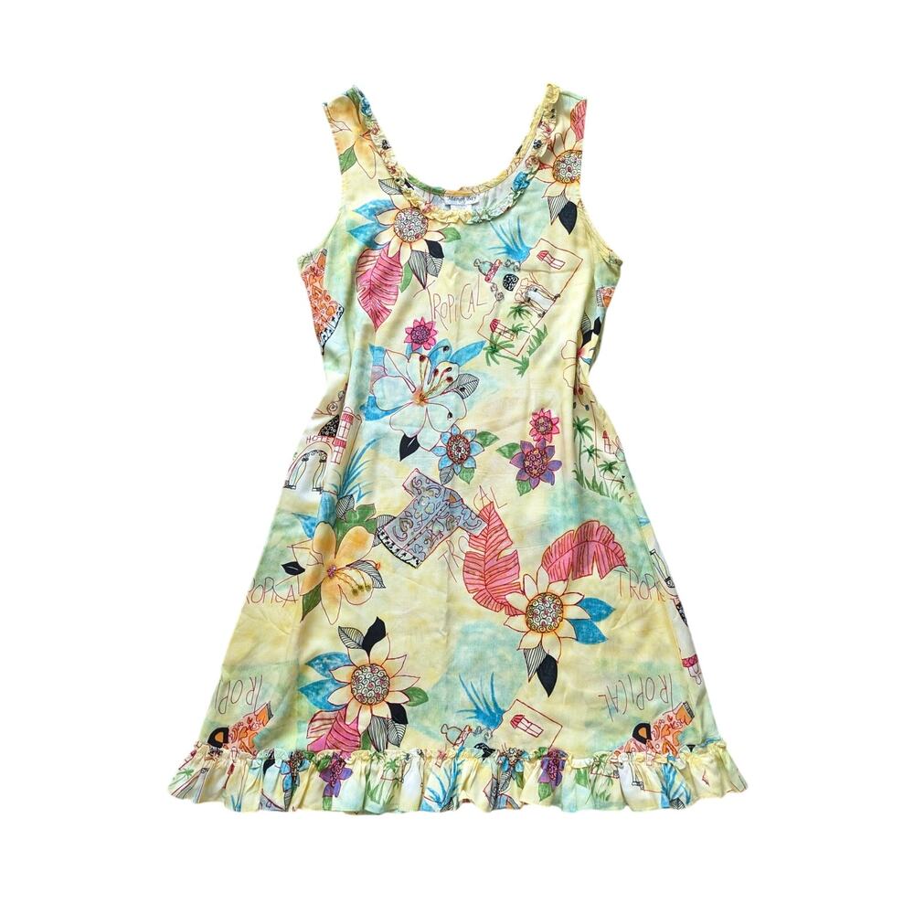 Vintage Mango Bay Tropical Dress M Yellow Floral Beaded Sequins Ruffle Hem